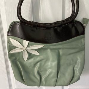 ESPE shoulder purse. Grey green in colour with dark brown handles.